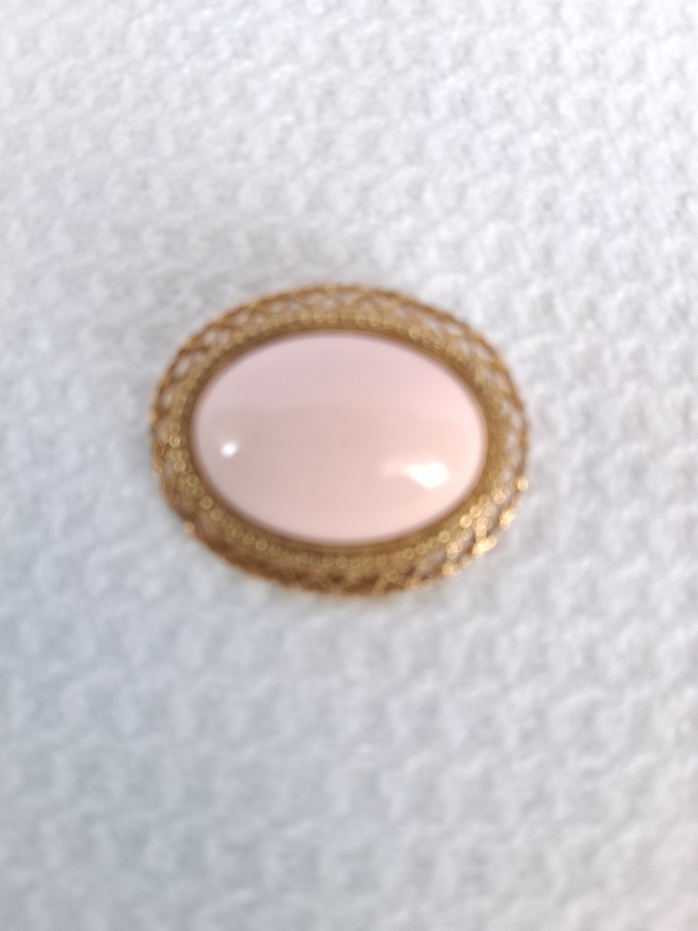 Vintage 1928 Brand Faux Soft Pink Cabochon Gold Tone Filigree Brooch